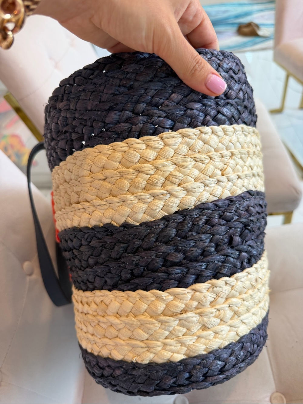 Sold Out Kate Spade Navy Natural & Orange Script “Out & About” Straw Stripe Tote - Picture 9 of 10